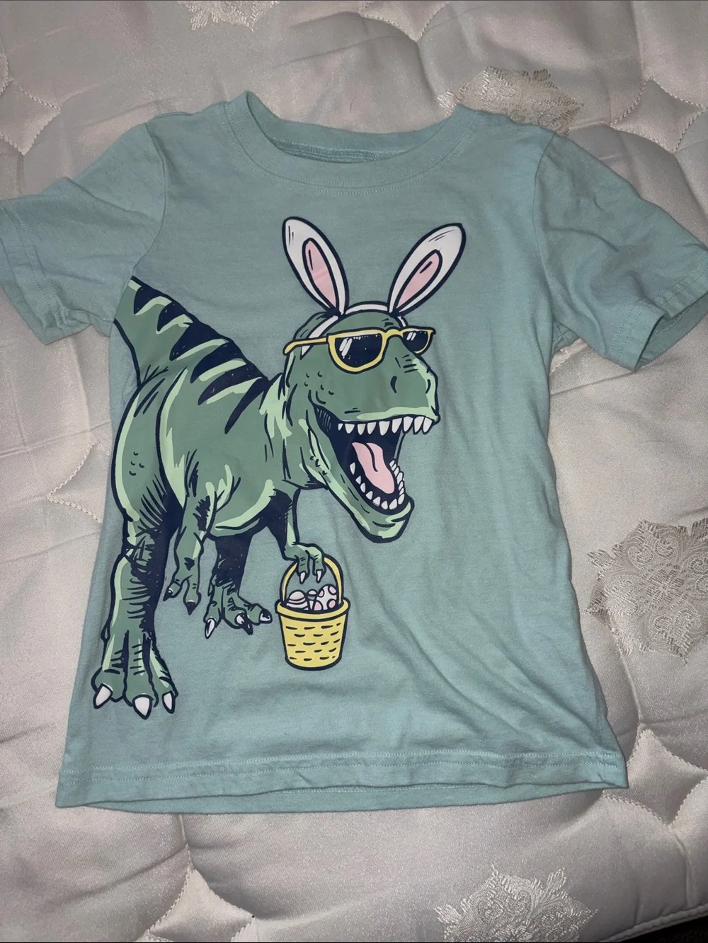 Size 6 - Kids Graphic Dino Easter T-Shirt - Light Teal